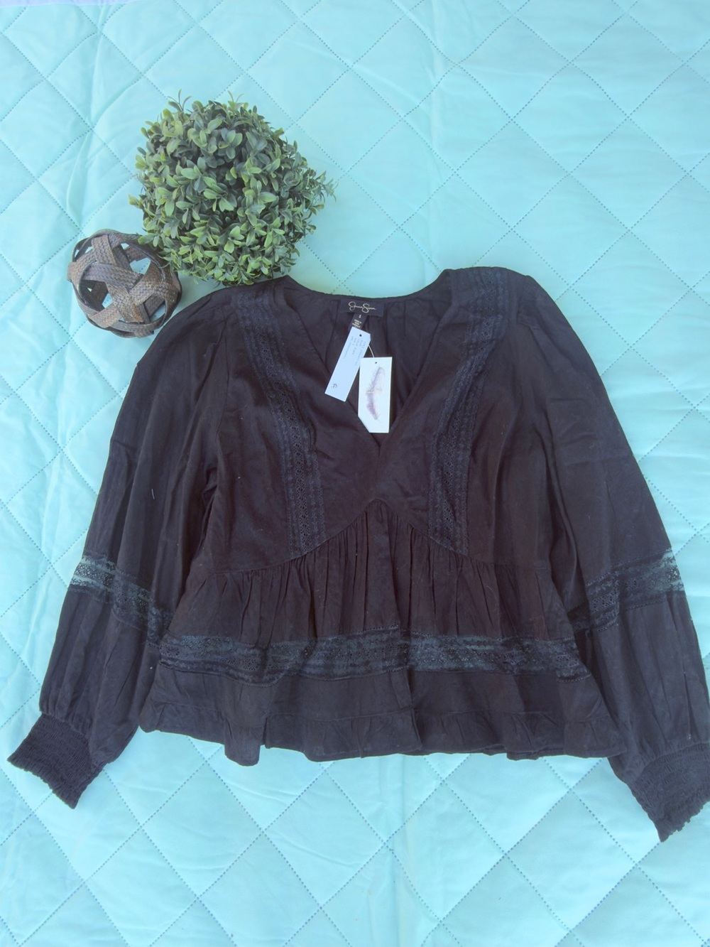 Black Lace-Trim Peasant Blouse - Women Tops